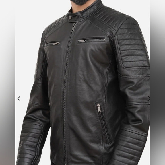 Men’s Black Leather Crew Neck Biker Jacket - Picture 3 of 13